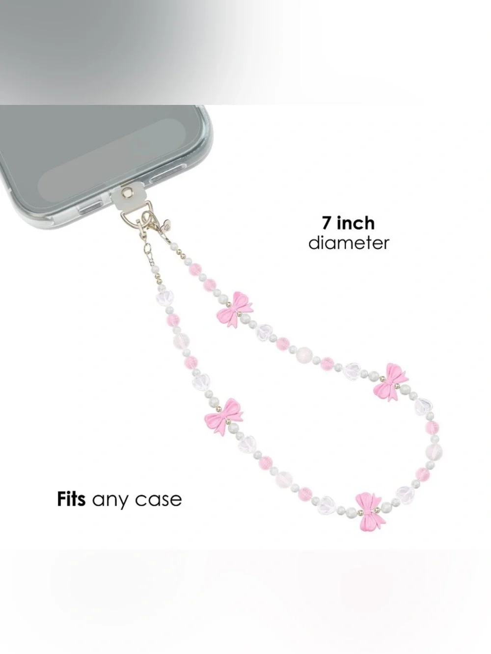 Velvet Caviar Pink and White Beaded Phone Strap with Bow Accents
